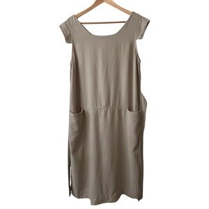 Prologue Linen Blend Lagenlook Midi Dress with Tie Waist and Pockets - L - Tan